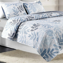 Load image into Gallery viewer, Blue Leaves Reversible 3 Piece Bedding Quilt Set
