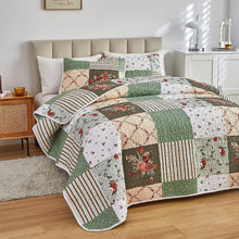 Load image into Gallery viewer, Green &amp; Beige Floral Patchwork 3 Piece Bedding Quilt Set
