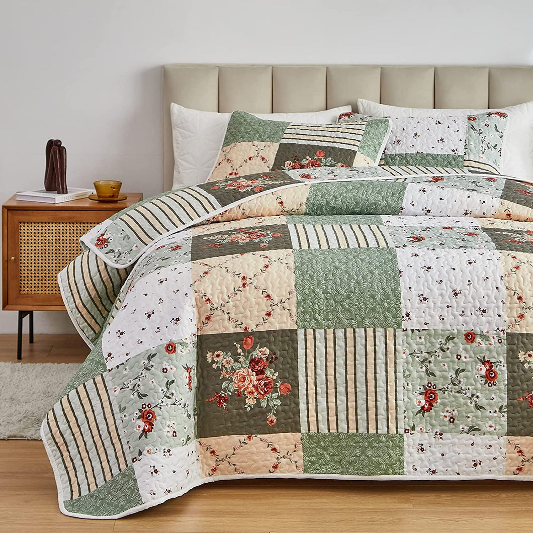 Green & Beige Floral Patchwork 3 Piece Bedding Quilt Set