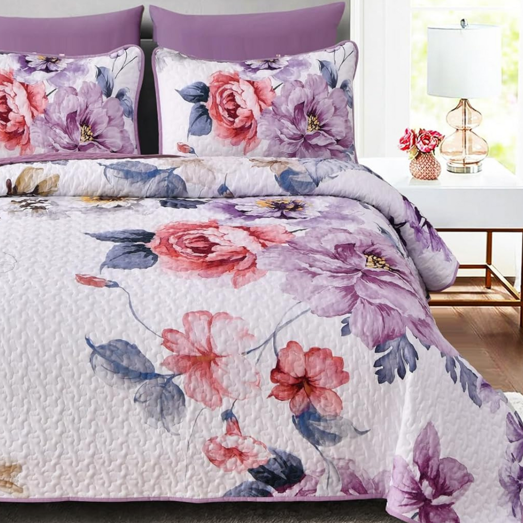 Botanical Purple Floral Reversible 3 Piece Quilt Set