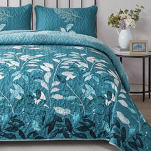 Load image into Gallery viewer, Botanical Teal Leaves Reversible 3 Piece Quilt Set
