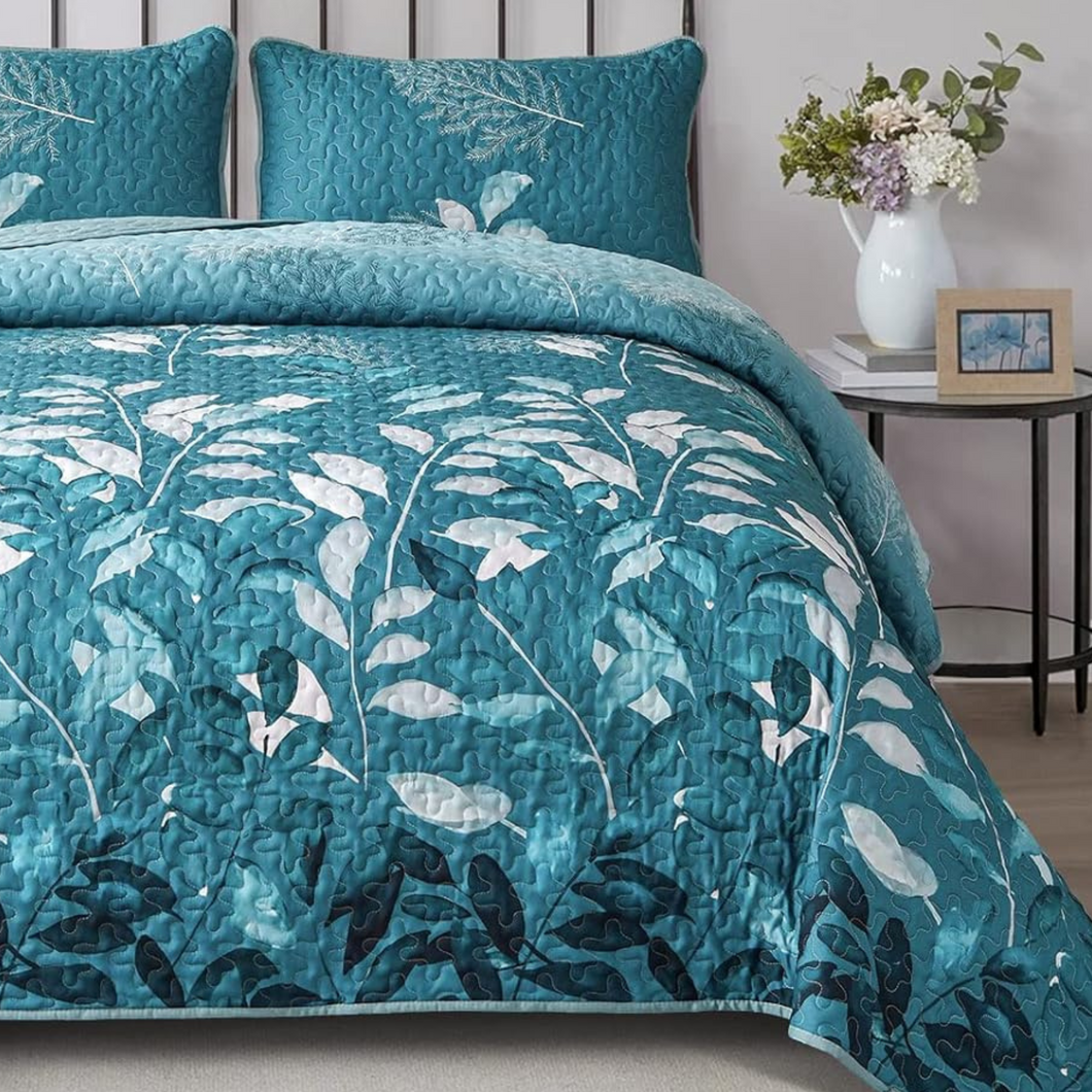 Botanical Teal Leaves Reversible 3 Piece Quilt Set