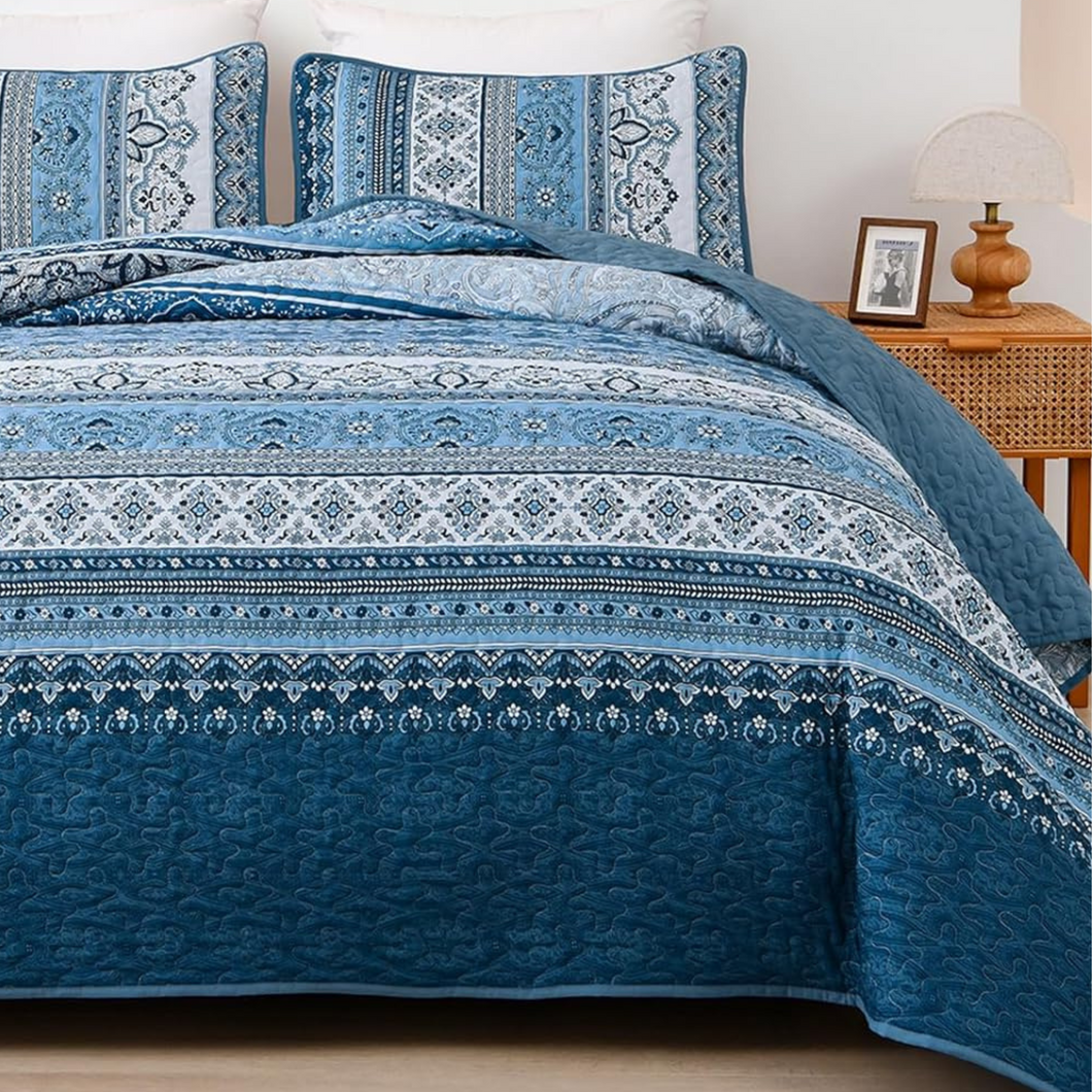 Bohemian Blue Reversible 3 Piece Bedding Quilt Set