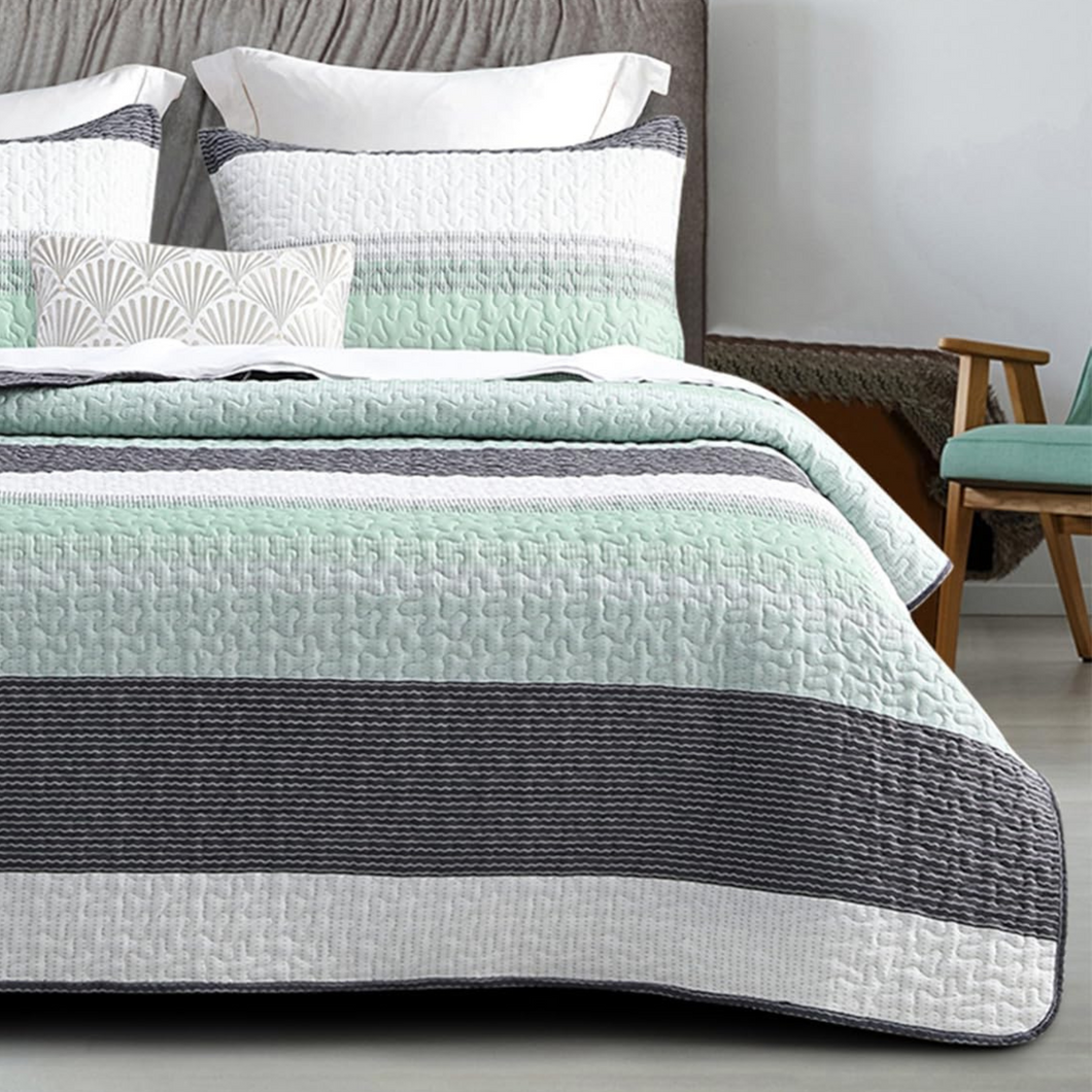 Boho Mint Green & Grey Reversible 2/3 Piece Bedding Quilt Set