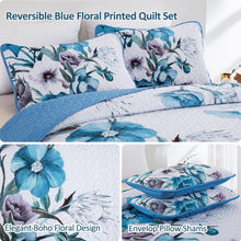 Load image into Gallery viewer, Boho Blue Floral Reversible 3 Piece Bedding Quilt Set
