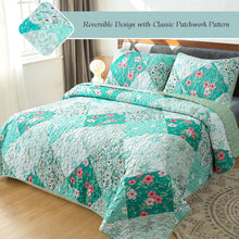 Load image into Gallery viewer, Light Green Floral Patchwork 3 Piece Bedding Quilt Set
