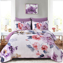 Load image into Gallery viewer, Botanical Purple Floral Reversible 3 Piece Quilt Set
